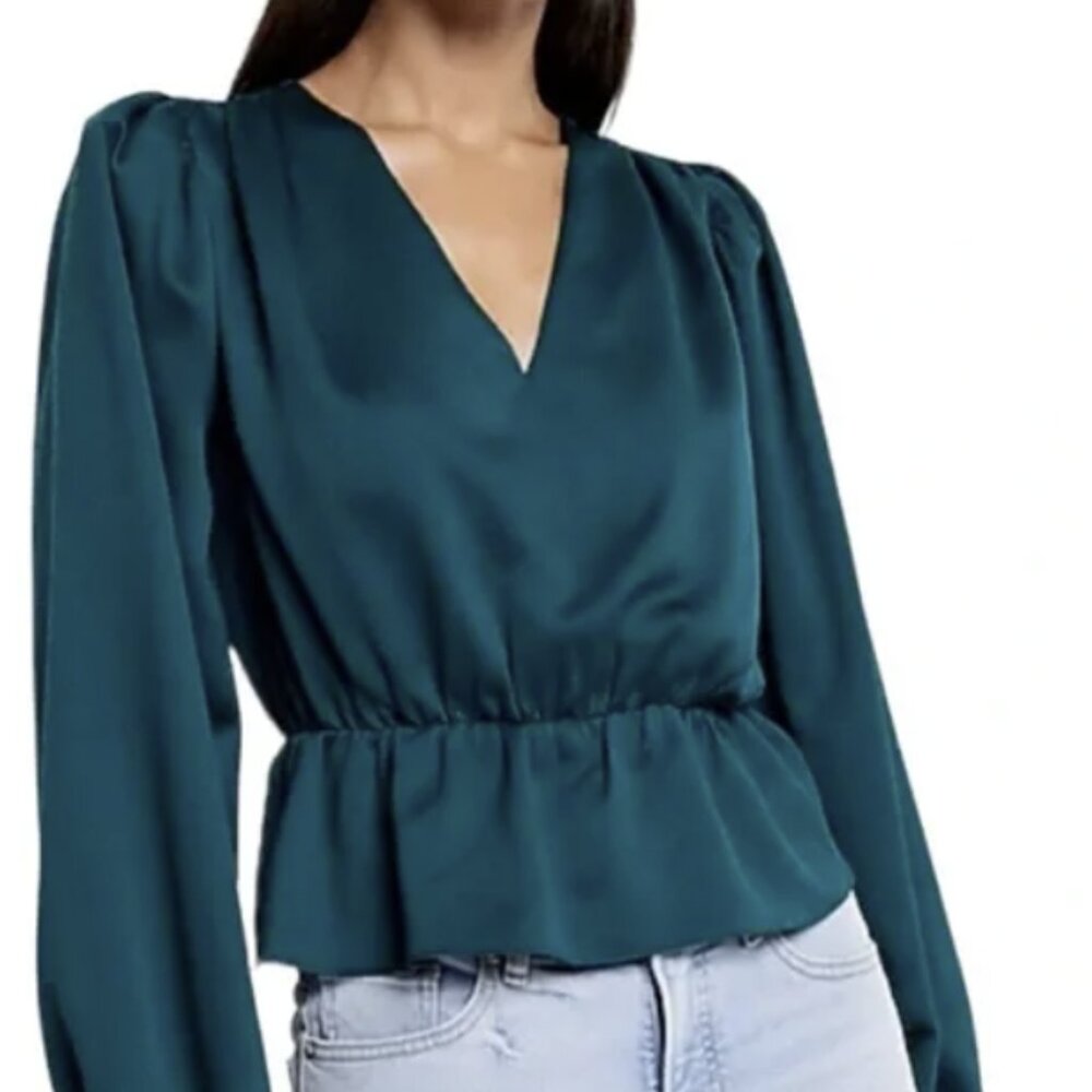 NWOT Express teal long sleeve v-neck peplum top XS
